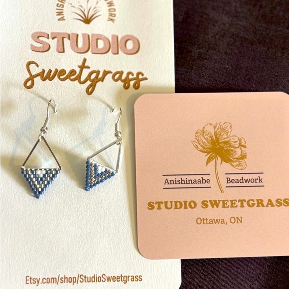 Silver and Blue Beaded Triangle Earrings - Picture 4 of 6